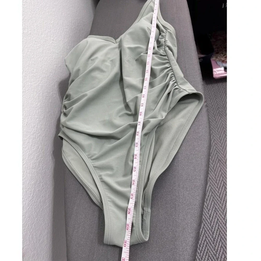 Kona Sol Swimsuit Womens 16 Onepiece Olive Green‎ Ruched Sides V neck Low Back